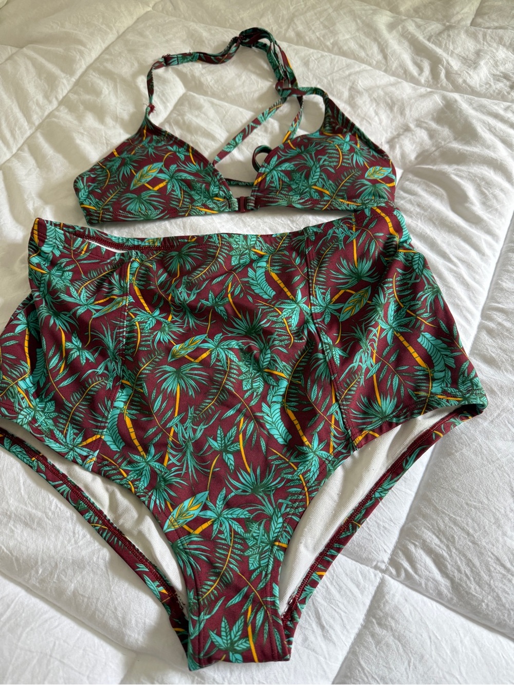 Urban Outfitters Tropical Leaf Bikini Bottoms - Teal, Burgundy & Yellow